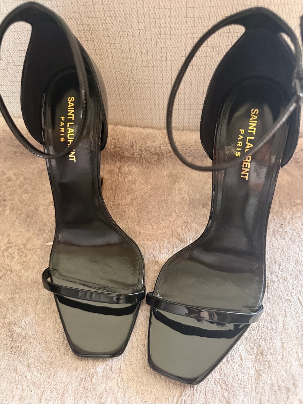 Saint Laurent Black Patent Leather Square-Toe Ankle-Strap Heels